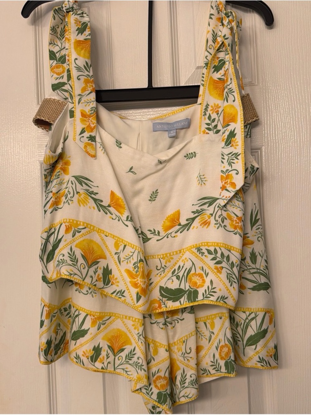 ANTONIO MELANI Cream Floral Tie-Shoulder Tiered Dress with Yellow & Green Print